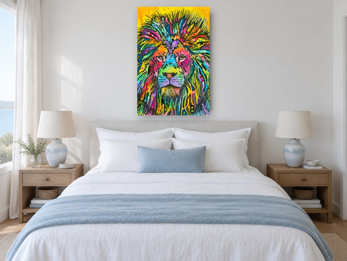 Rainbow Mane Lion animal canvas print on the wall of a bedroom