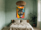 Neon Stare Cat animal canvas print on the wall of a bedroom