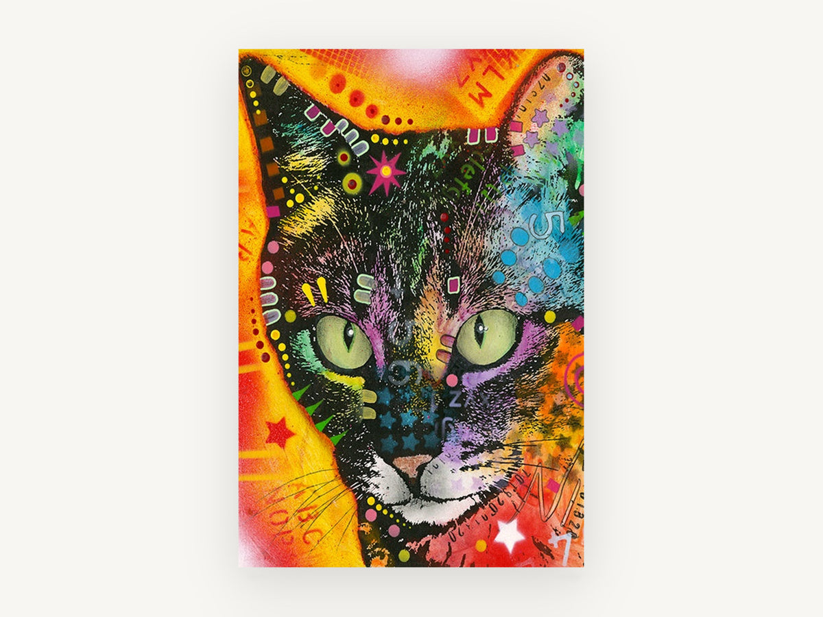 Neon Stare Cat, colourful pop art cat portrait, animal canvas wall art print, front view