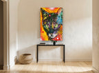 Neon Stare Cat animal canvas print on the wall of a hallway