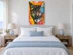 Neon Stare Cat animal canvas print on the wall of a bedroom