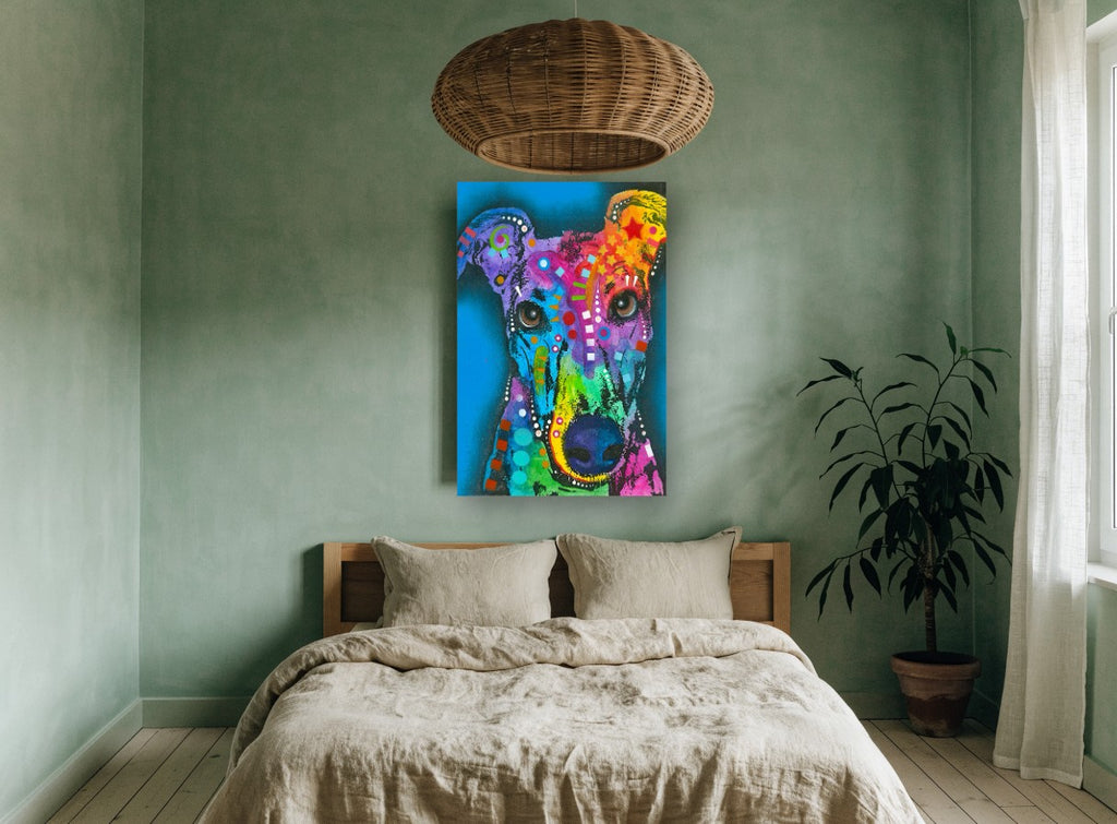 Rainbow Greyhound Gaze animal canvas print on the wall of a bedroom