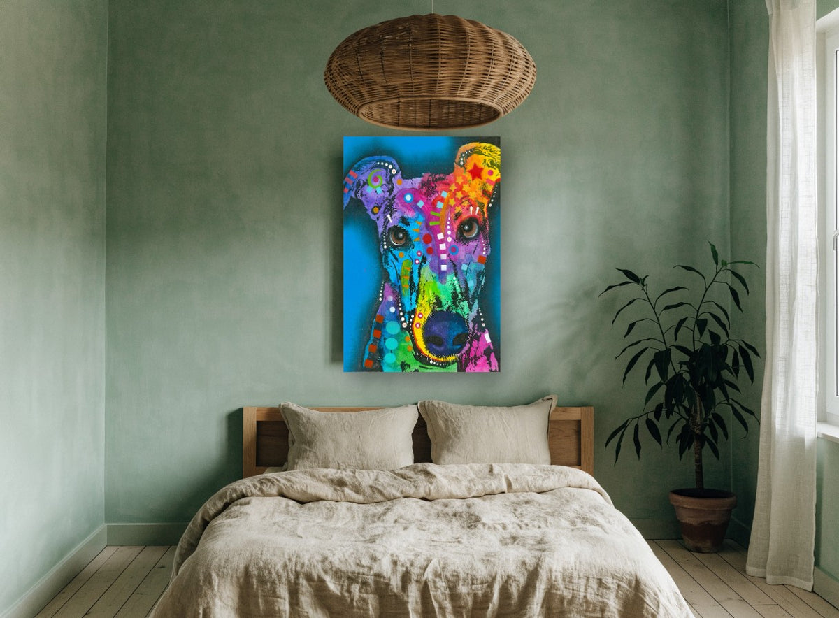 Rainbow Greyhound Gaze animal canvas print on the wall of a bedroom