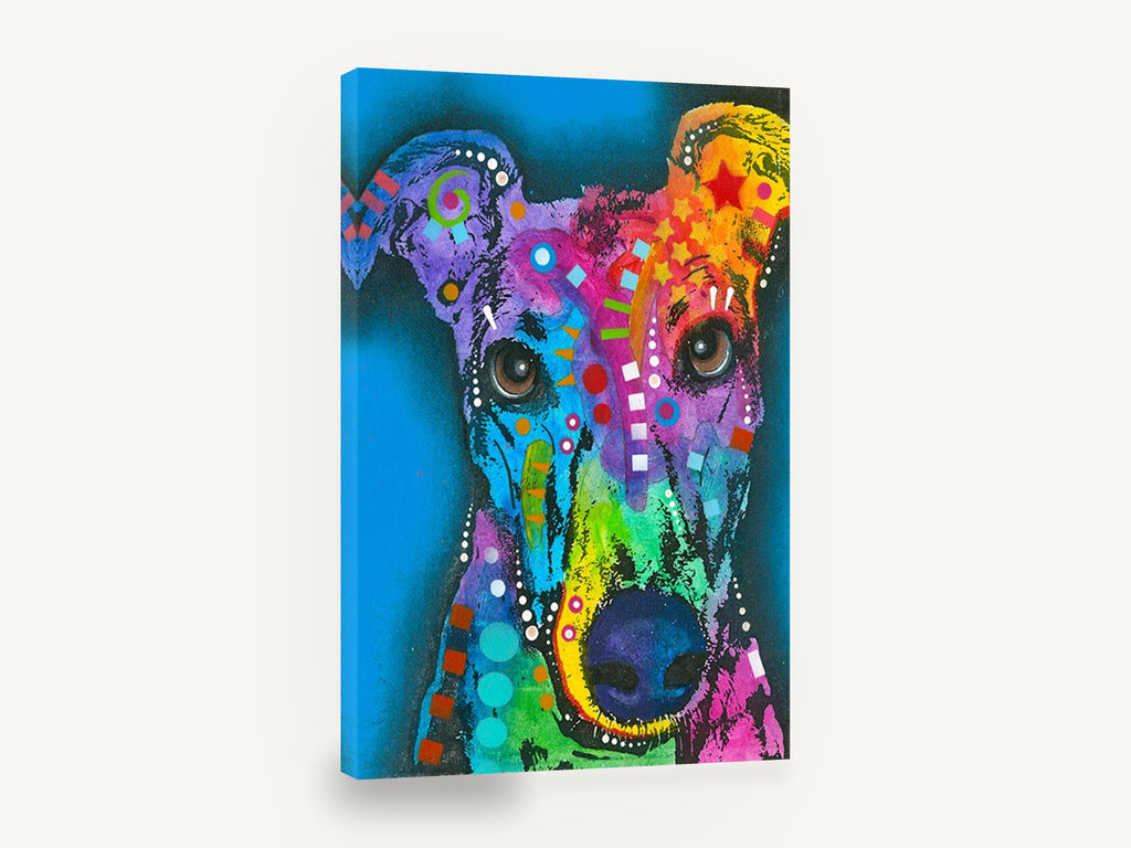 Rainbow Greyhound Gaze, colourful pop art greyhound portrait, animal canvas wall art print ready to hang