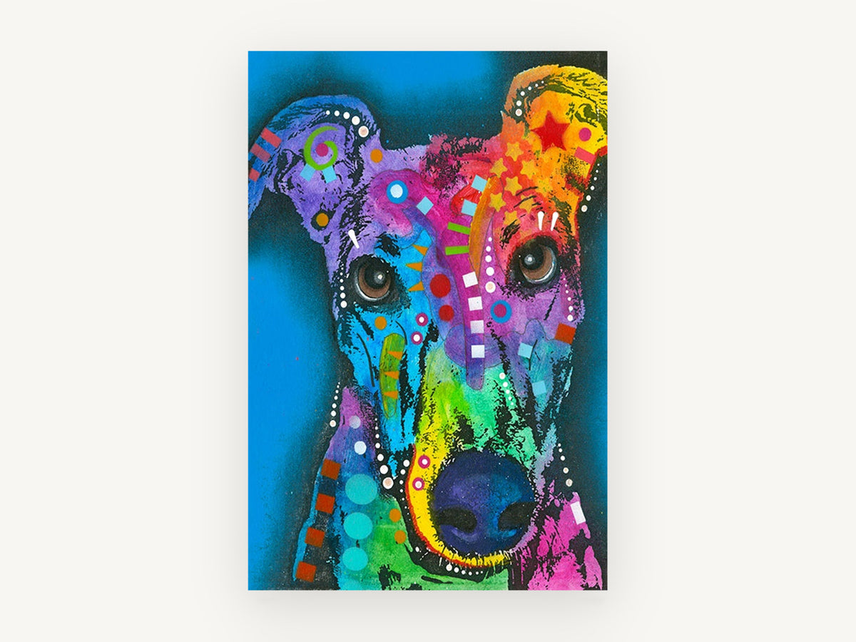 Rainbow Greyhound Gaze, colourful pop art greyhound portrait, animal canvas wall art print, front view