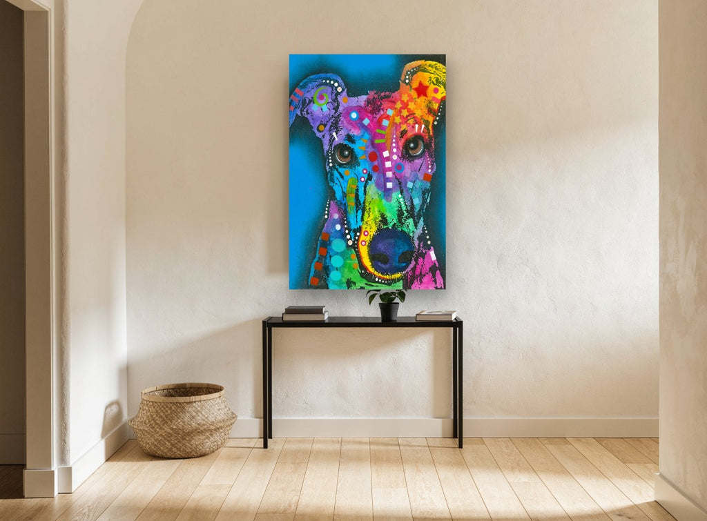 Rainbow Greyhound Gaze animal canvas print on the wall of a hallway