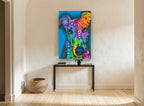 Rainbow Greyhound Gaze animal canvas print on the wall of a hallway