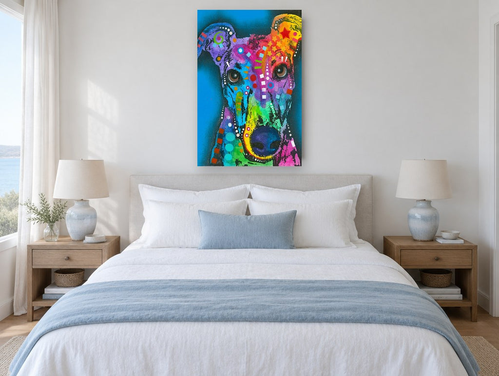 Rainbow Greyhound Gaze animal canvas print on the wall of a bedroom