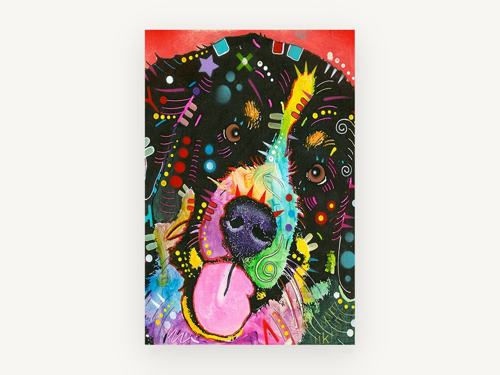 Rainbow Snout Pup, colourful pop art dog portrait, animal canvas wall art print, front view