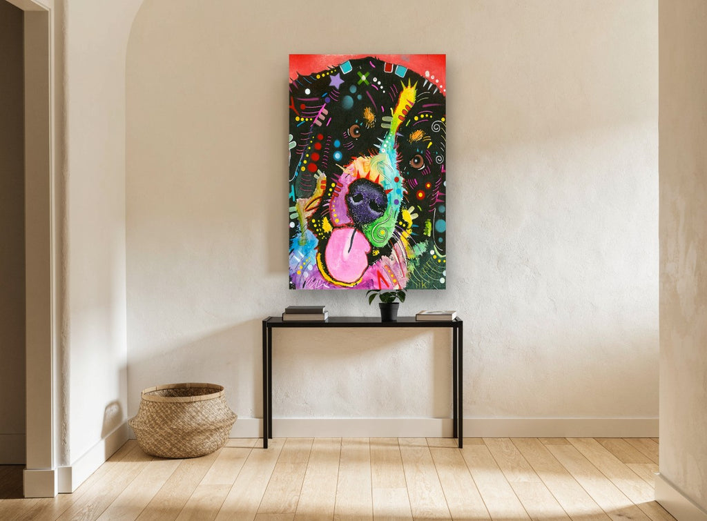Rainbow Snout Pup animal canvas print on the wall of a hallway