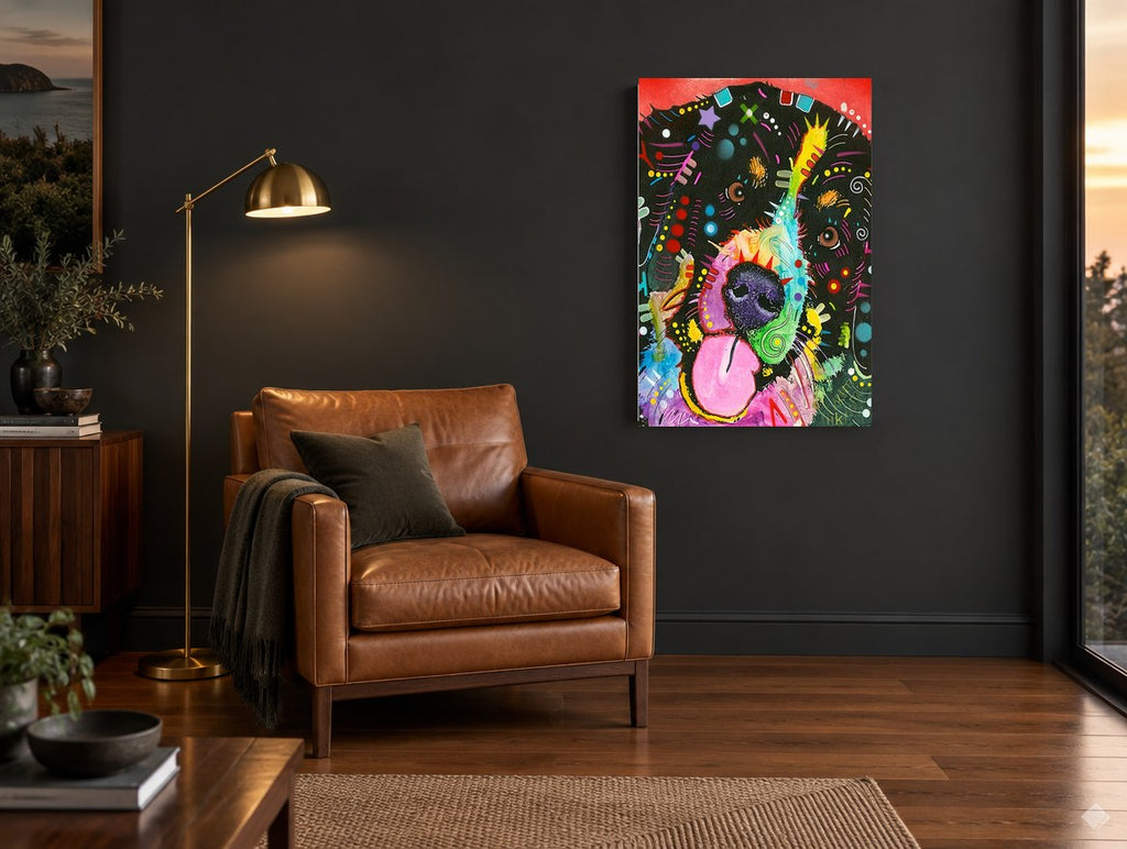Rainbow Snout Pup animal canvas print on the wall of a charcoal living room