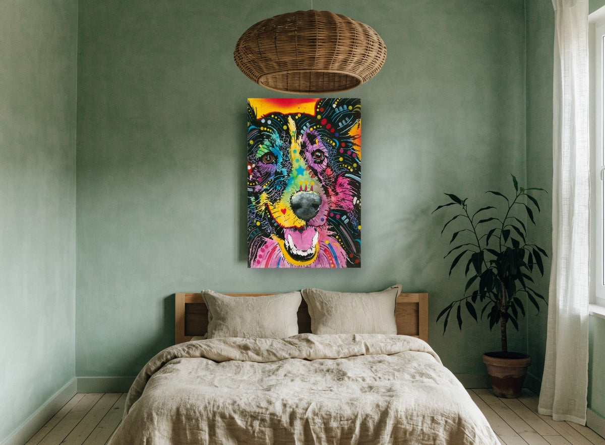 Rainbow Collie Smile animal canvas print on the wall of a bedroom