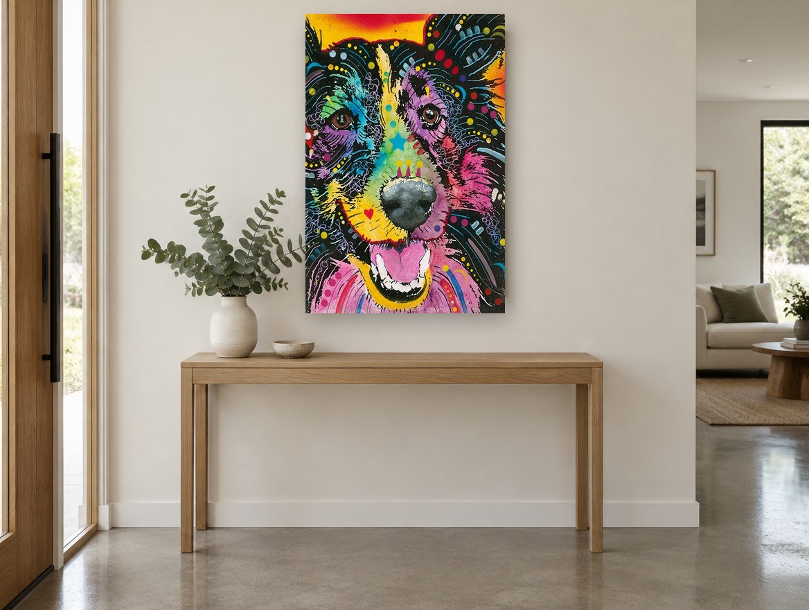 Rainbow Collie Smile animal canvas print on the wall of a entry hall