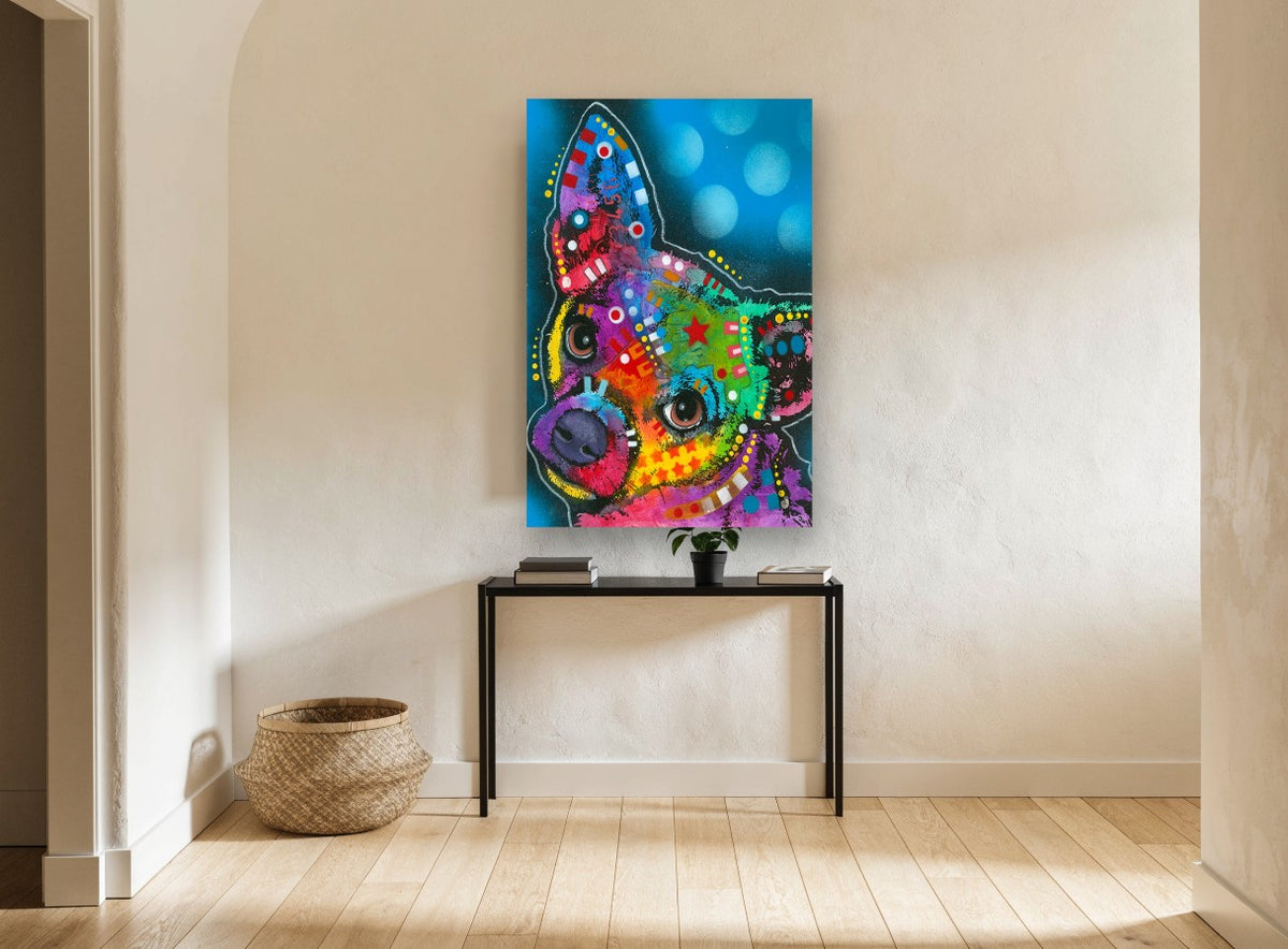 Rainbow Chihuahua Pop animal canvas print on the wall of a hallway