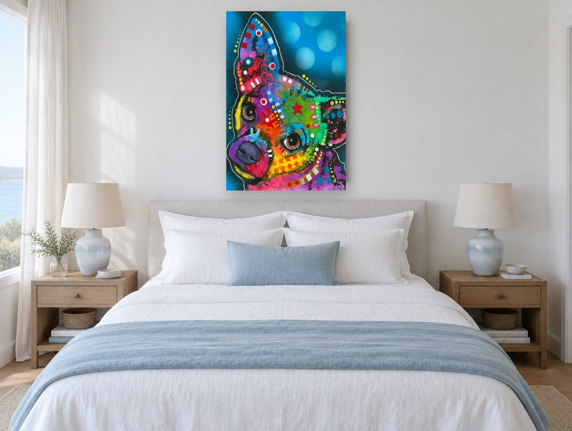 Rainbow Chihuahua Pop animal canvas print on the wall of a bedroom
