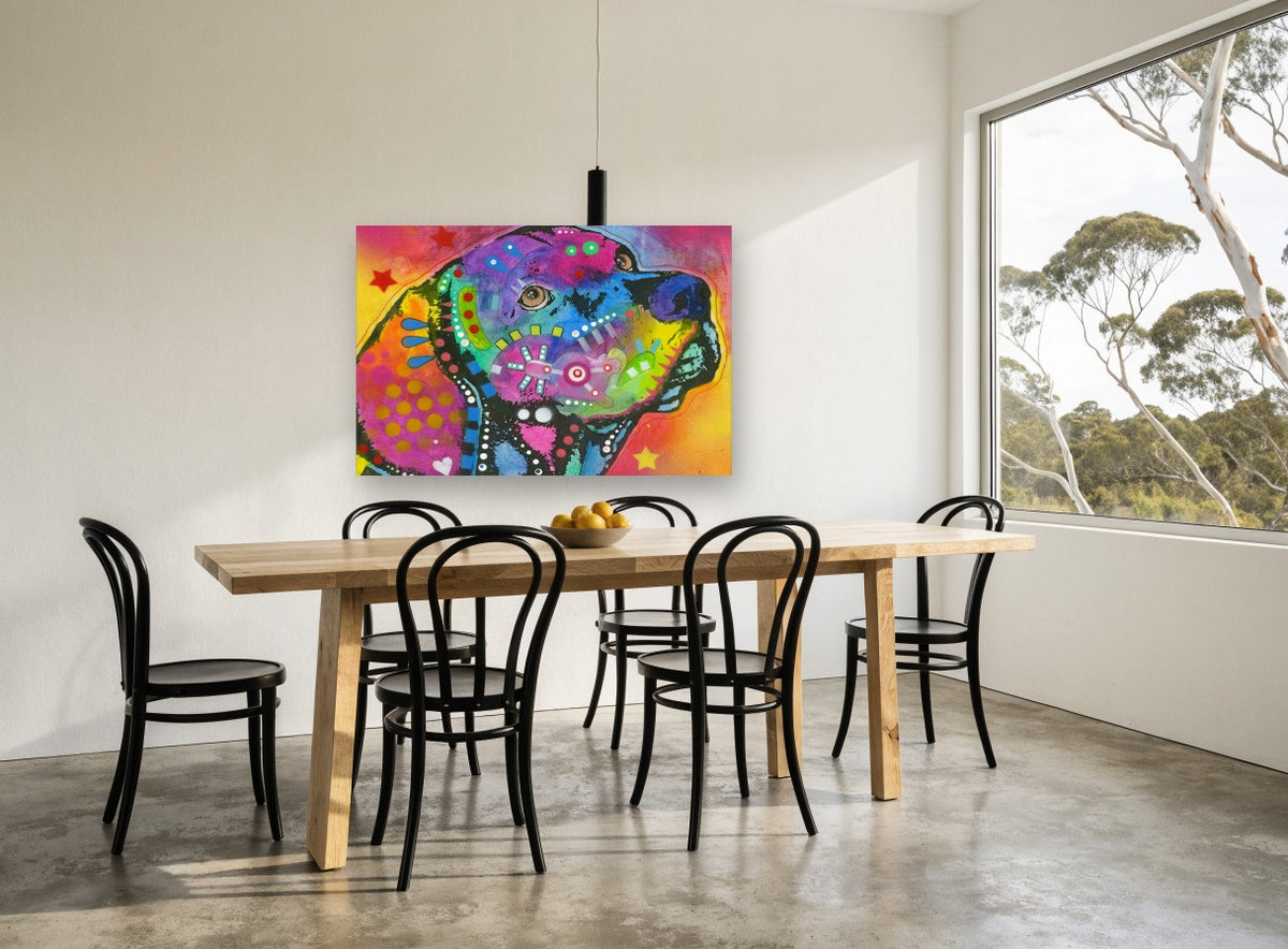 Rainbow Lab Profile animal canvas print on the wall of a dining room