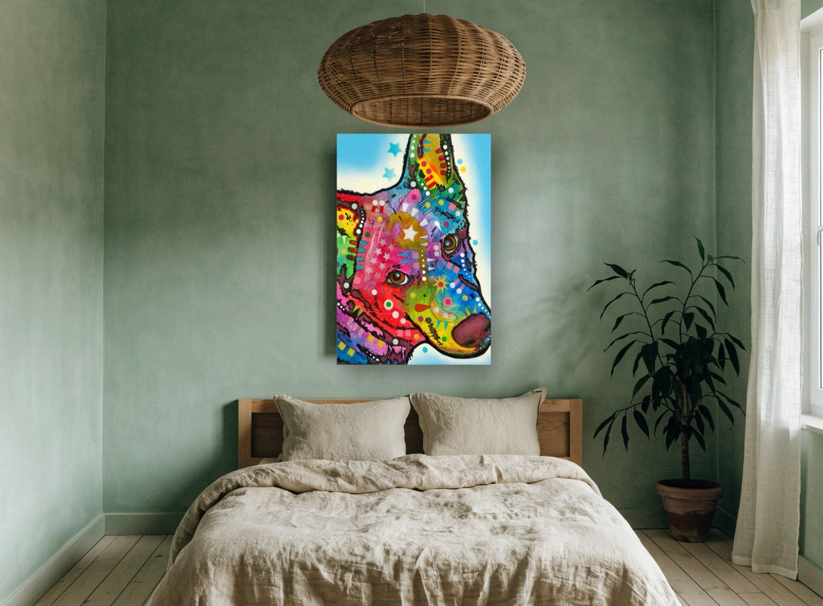 Rainbow Sheepdog Profile animal canvas print on the wall of a bedroom