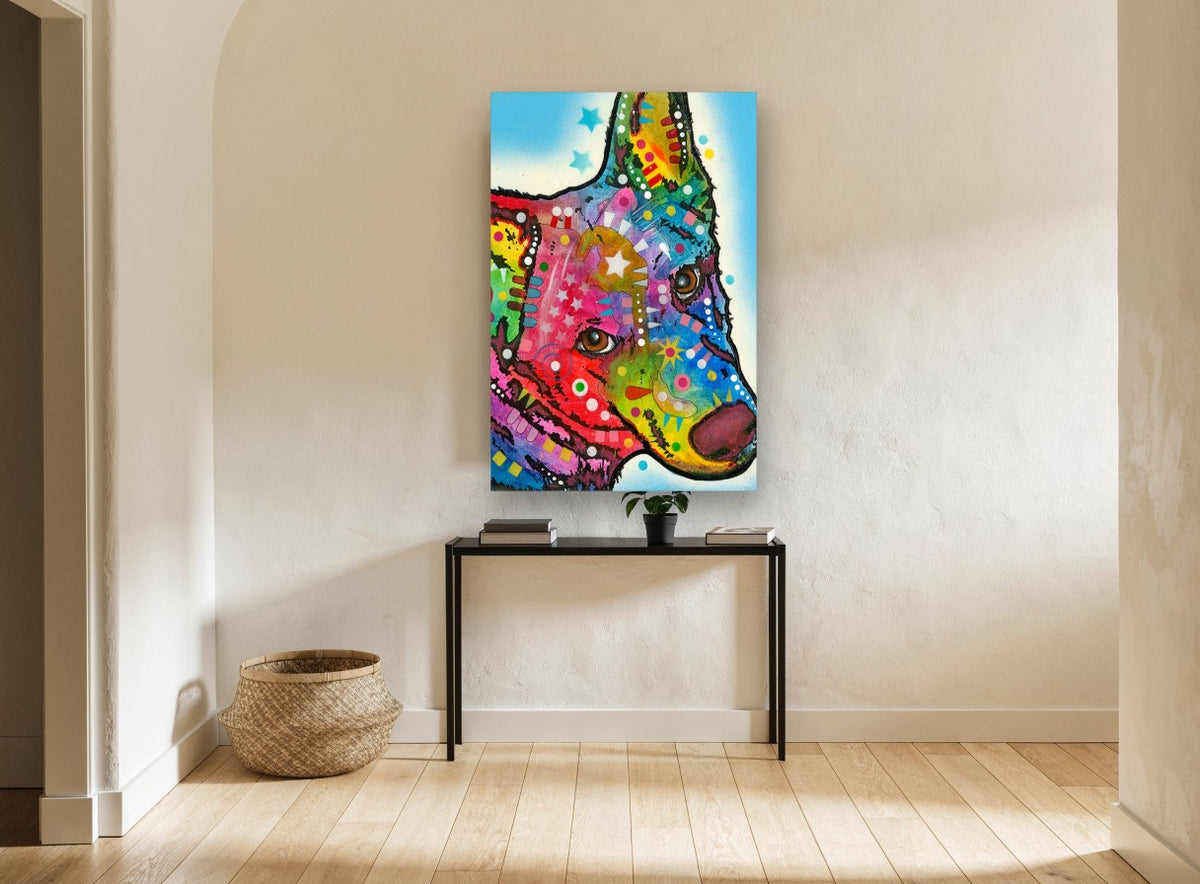 Rainbow Sheepdog Profile animal canvas print on the wall of a hallway