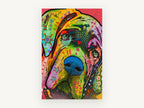 Rainbow Mastiff Gaze, colourful pop art mastiff portrait, animal canvas wall art print, front view