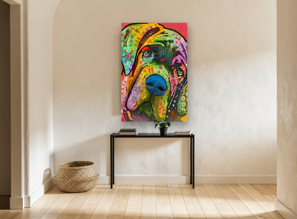 Rainbow Mastiff Gaze animal canvas print on the wall of a hallway