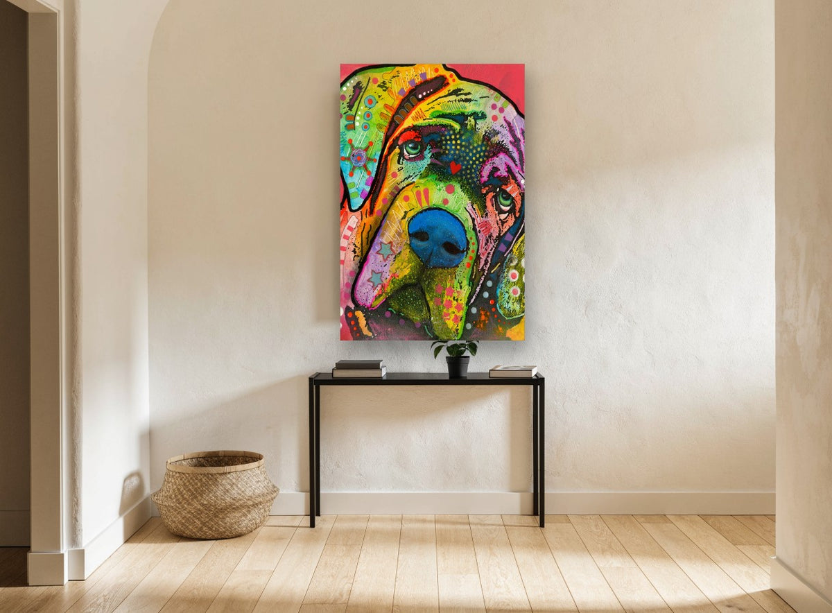 Rainbow Mastiff Gaze animal canvas print on the wall of a hallway
