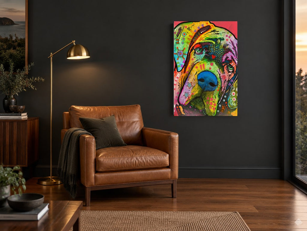 Rainbow Mastiff Gaze animal canvas print on the wall of a charcoal living room