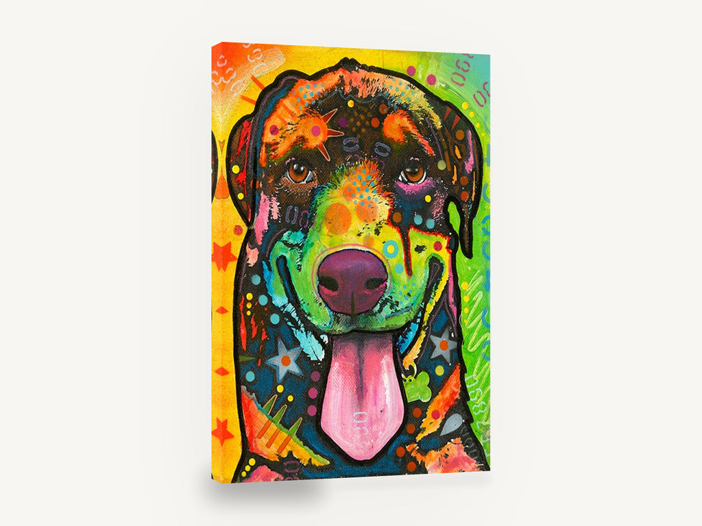 Grinning Rottie Pop, colourful rottweiler pop art portrait, animal canvas wall art print ready to hang