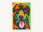 Grinning Rottie Pop, colourful rottweiler pop art portrait, animal canvas wall art print, front view
