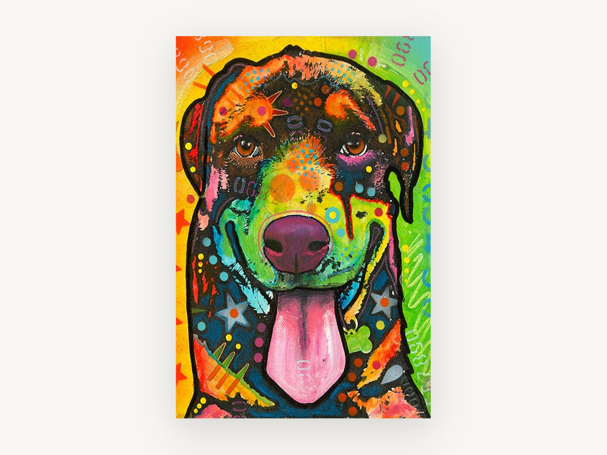 Grinning Rottie Pop, colourful rottweiler pop art portrait, animal canvas wall art print, front view