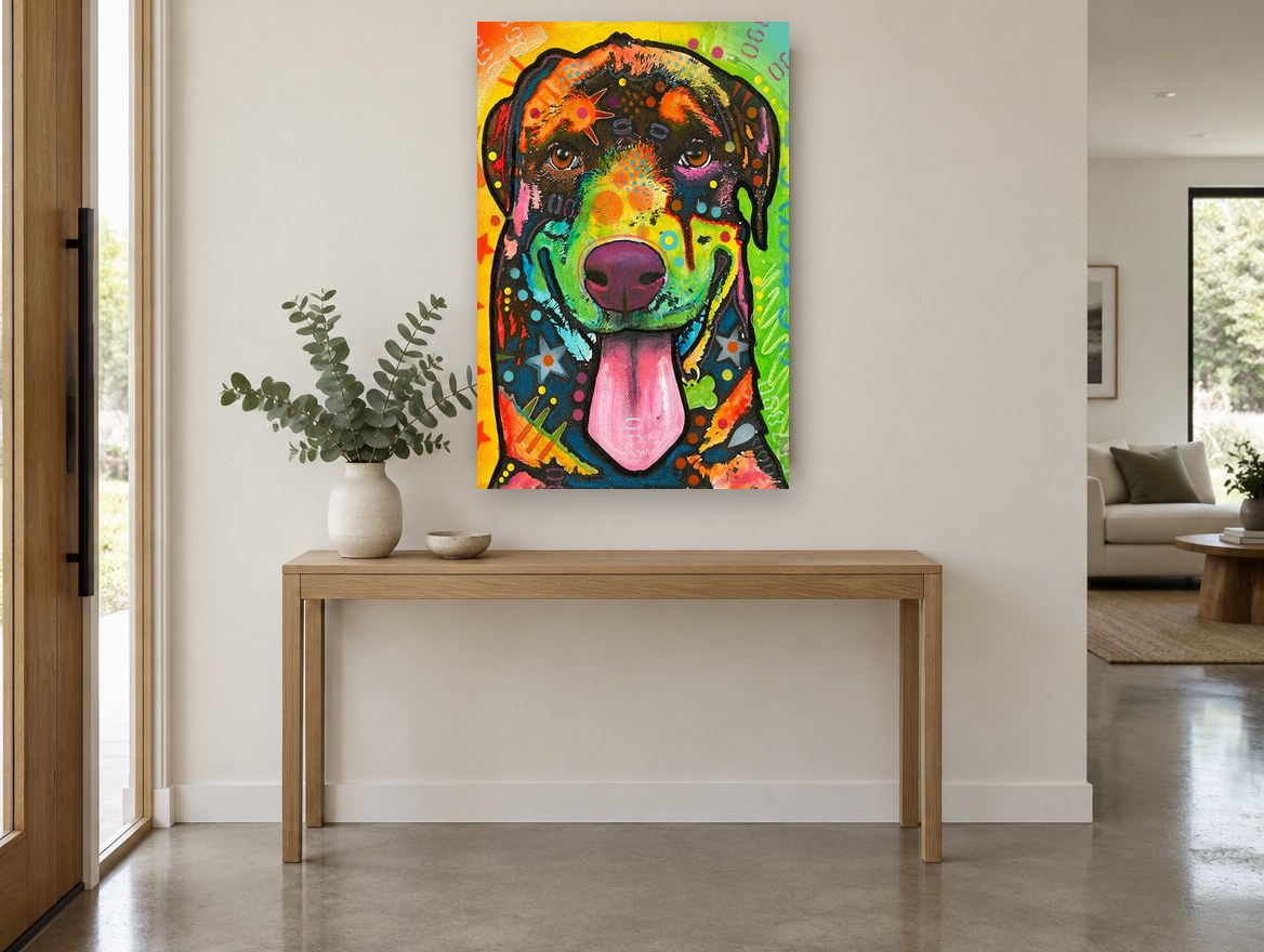 Grinning Rottie Pop animal canvas print on the wall of a entry hall
