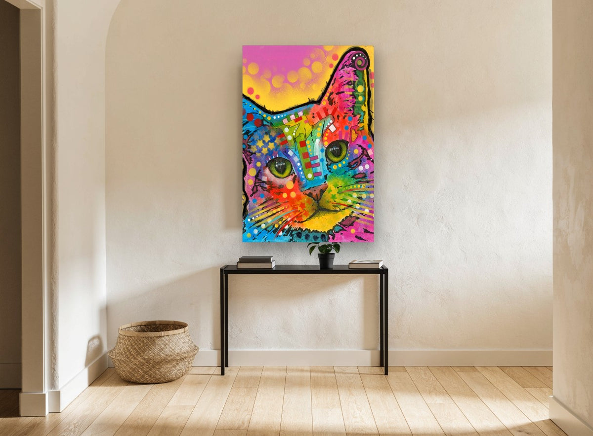 Rainbow Pop Cat animal canvas print on the wall of a hallway