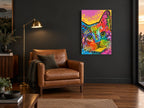 Rainbow Pop Cat animal canvas print on the wall of a charcoal living room