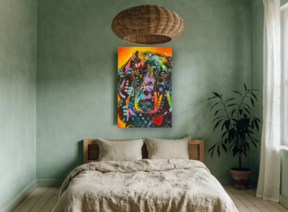 Neon Dachshund Portrait animal canvas print on the wall of a bedroom