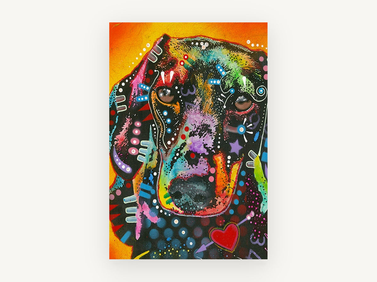 Neon Dachshund Portrait, colourful pop art dachshund portrait, animal canvas wall art print, front view