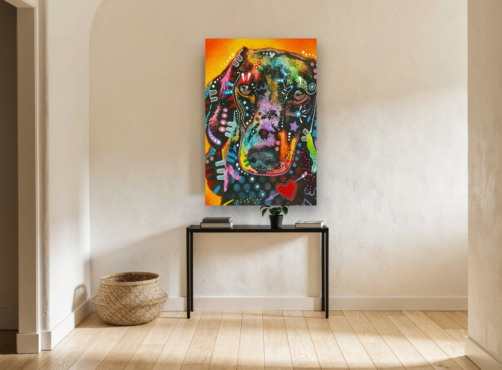Neon Dachshund Portrait animal canvas print on the wall of a hallway