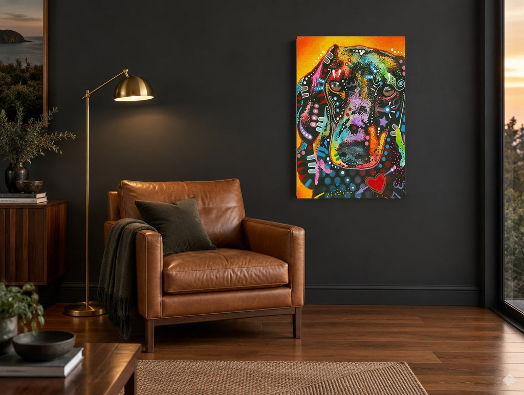 Neon Dachshund Portrait animal canvas print on the wall of a charcoal living room