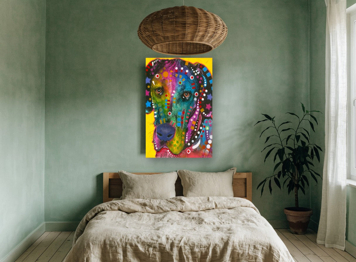 Rainbow Hound Pop animal canvas print on the wall of a bedroom