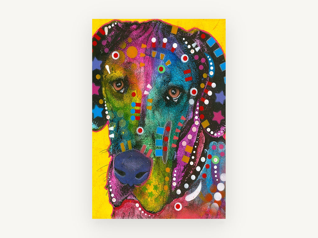 Rainbow Hound Pop, colourful pop art dog portrait, animal canvas wall art print, front view