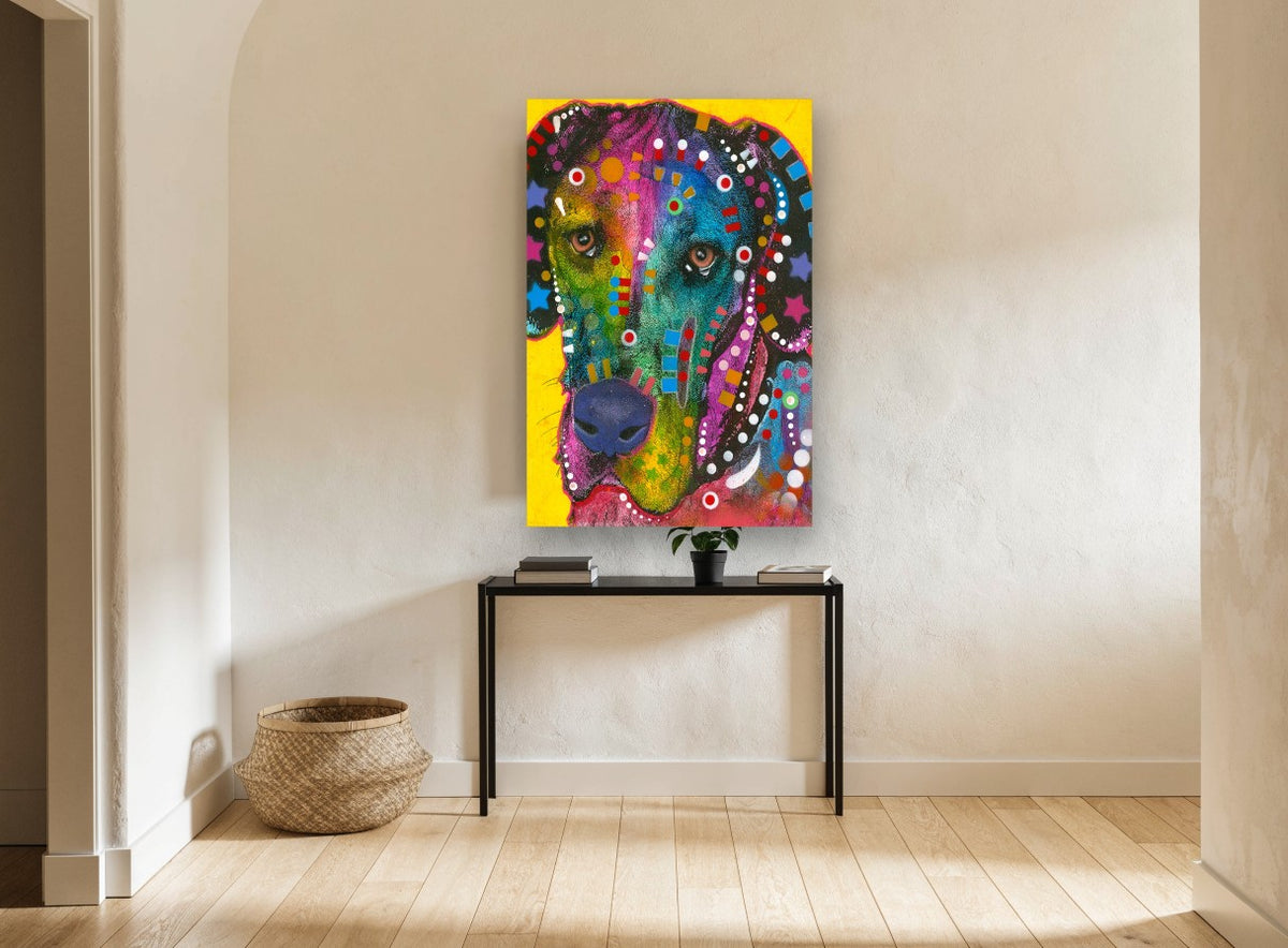 Rainbow Hound Pop animal canvas print on the wall of a hallway