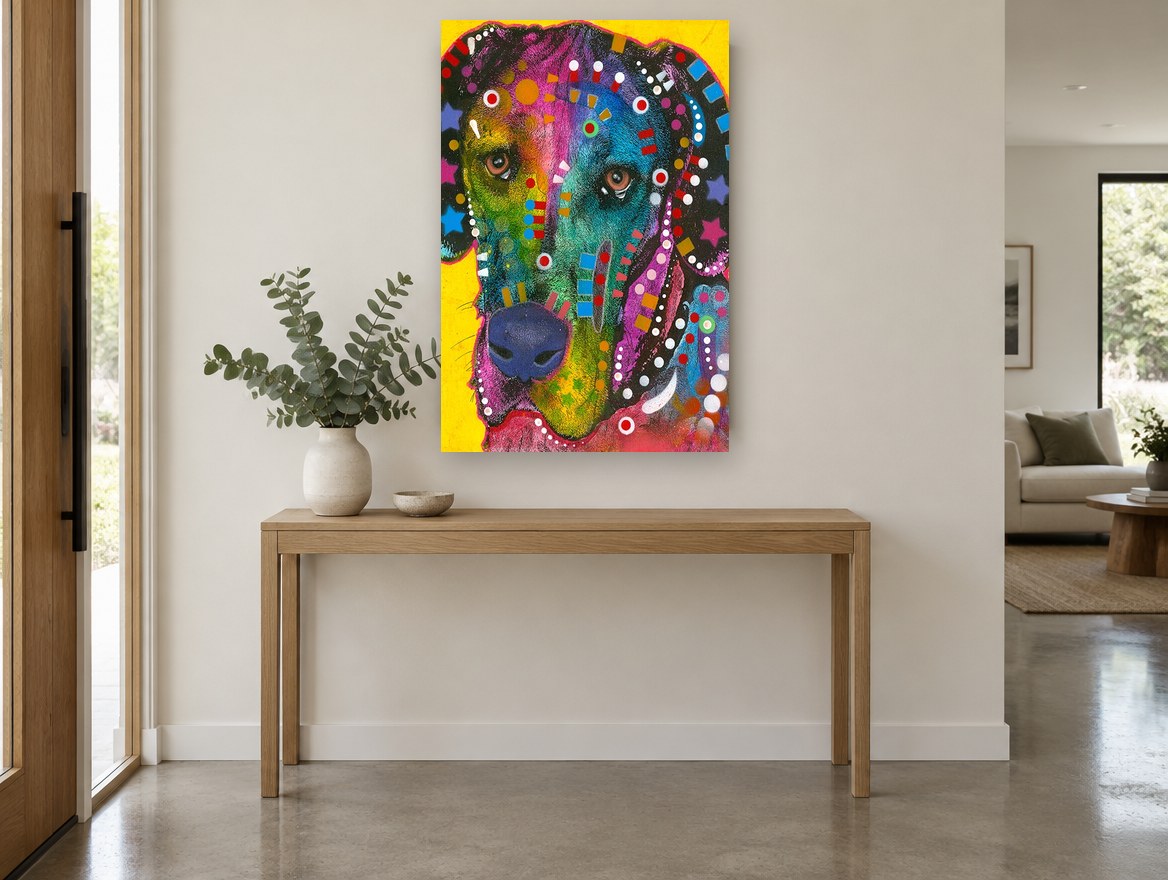Rainbow Hound Pop animal canvas print on the wall of a entry hall