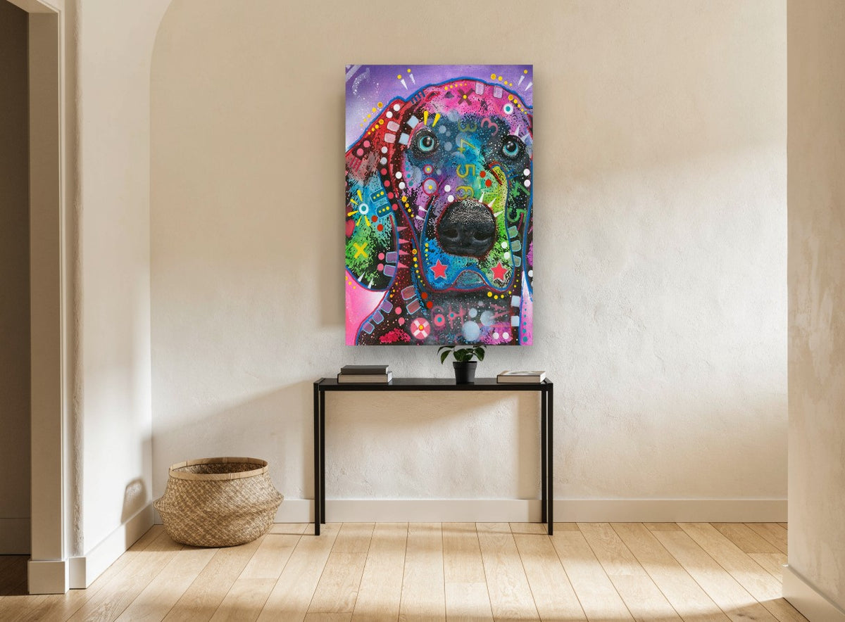 Neon Hound Pop animal canvas print on the wall of a hallway