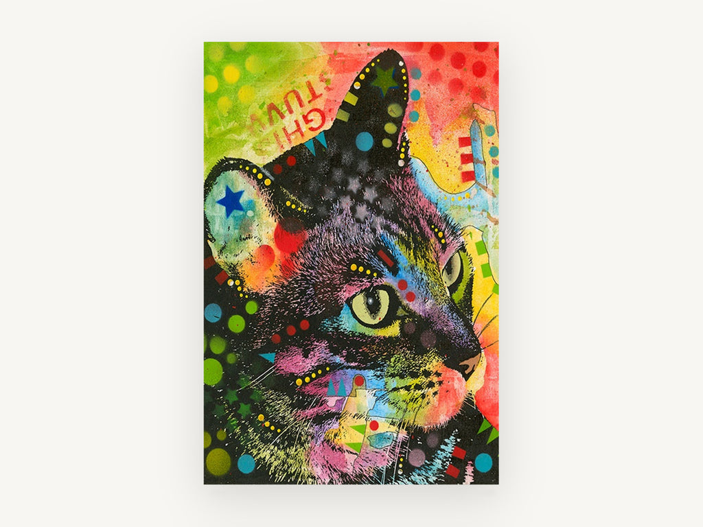 Neon Tabby Profile, colourful pop art cat portrait, animal canvas wall art print, front view