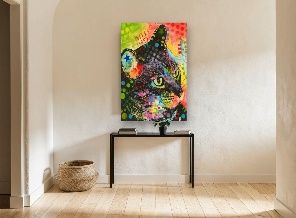 Neon Tabby Profile animal canvas print on the wall of a hallway
