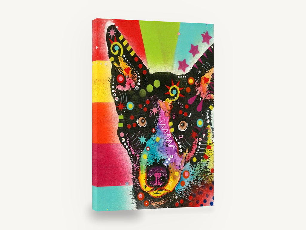 Starry Pop Dog, colourful pop art dog portrait, animal canvas wall art print ready to hang