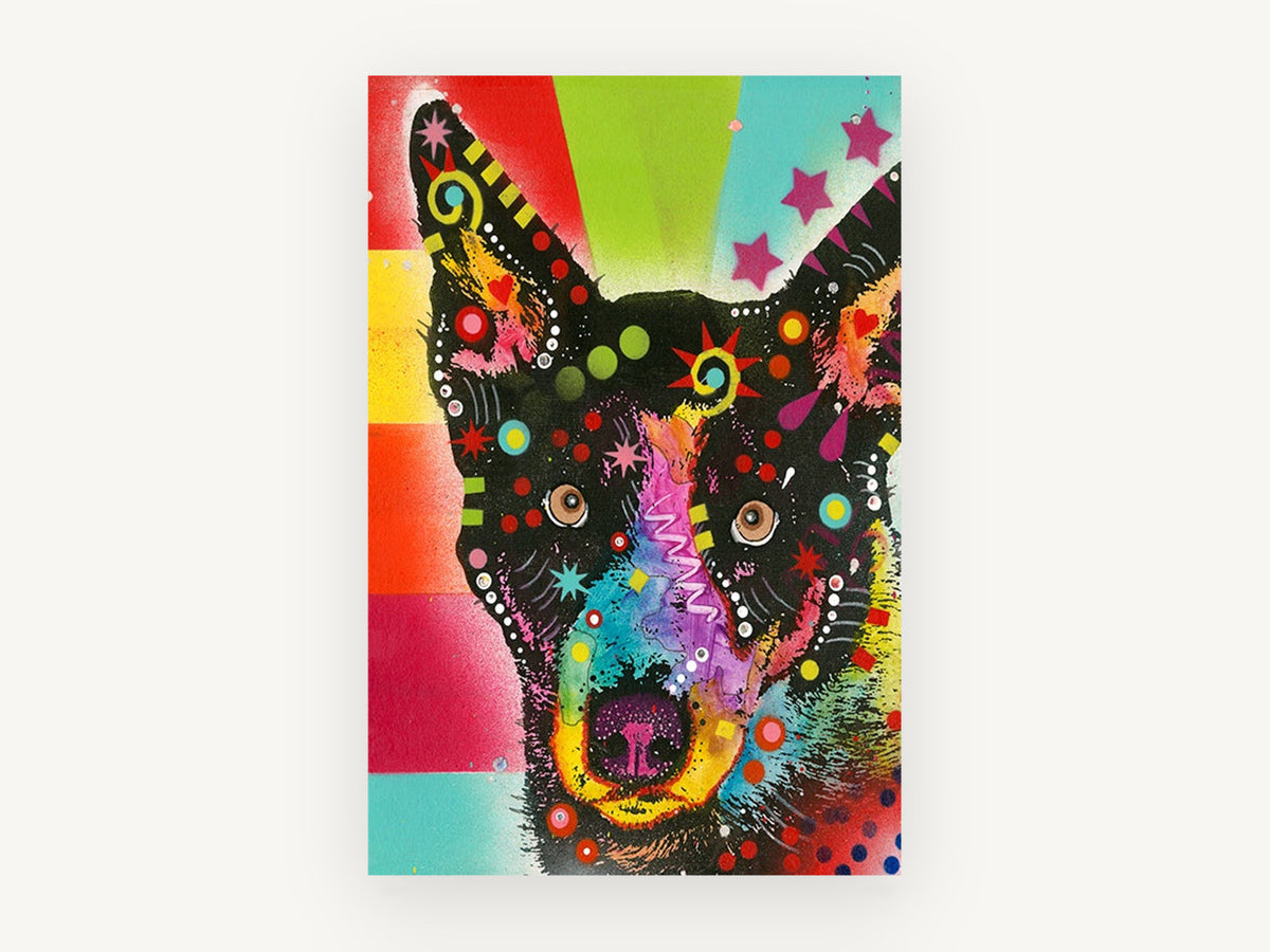 Starry Pop Dog, colourful pop art dog portrait, animal canvas wall art print, front view