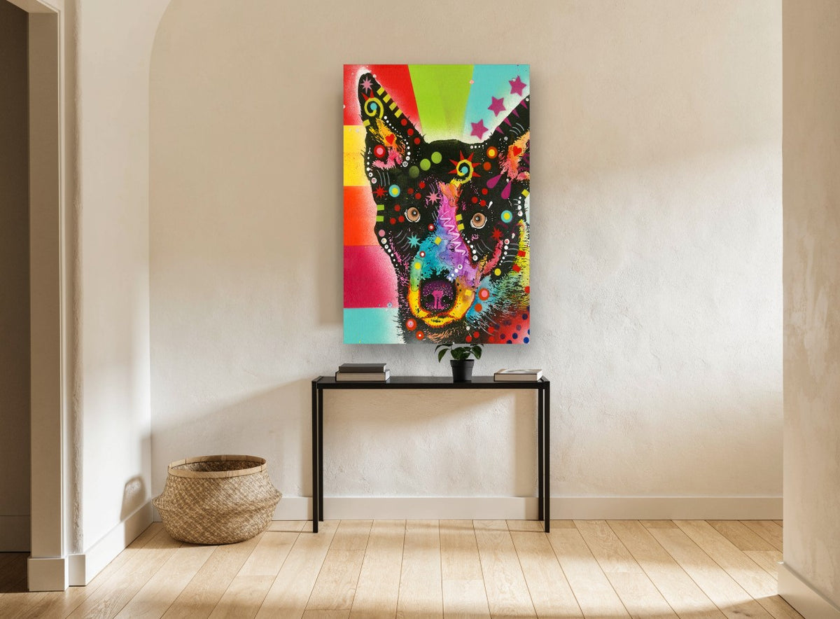 Starry Pop Dog animal canvas print on the wall of a hallway