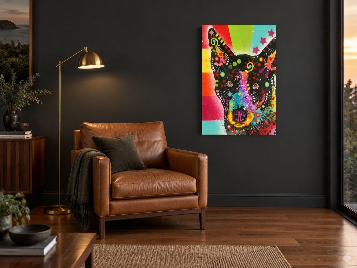 Starry Pop Dog animal canvas print on the wall of a charcoal living room