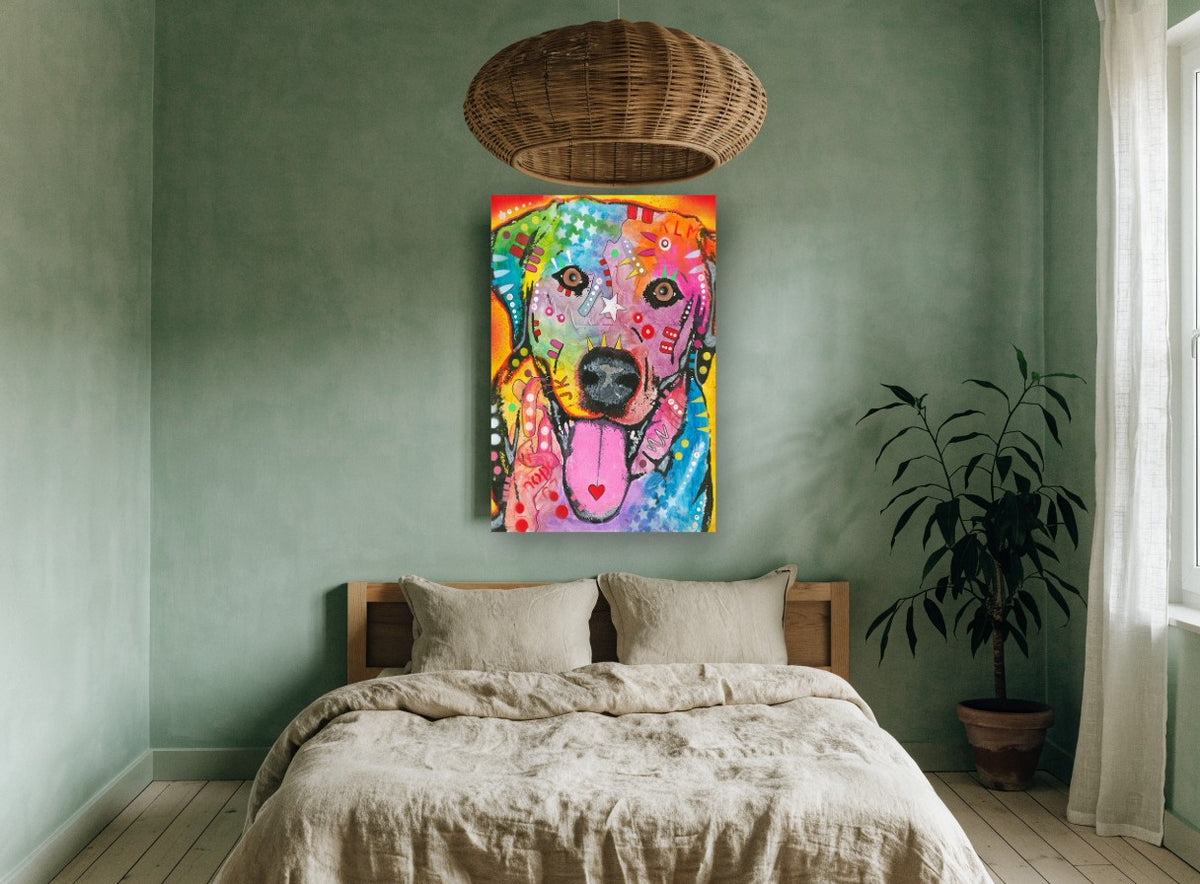 Rainbow Pop Labrador animal canvas print on the wall of a bedroom
