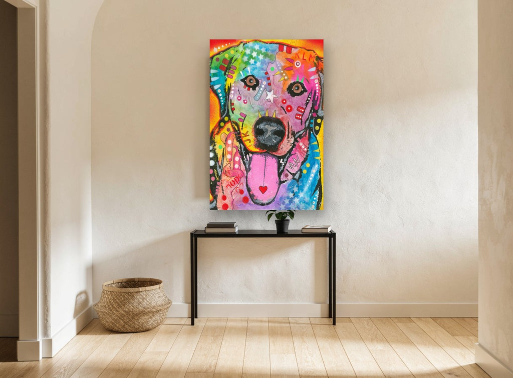 Rainbow Pop Labrador animal canvas print on the wall of a hallway