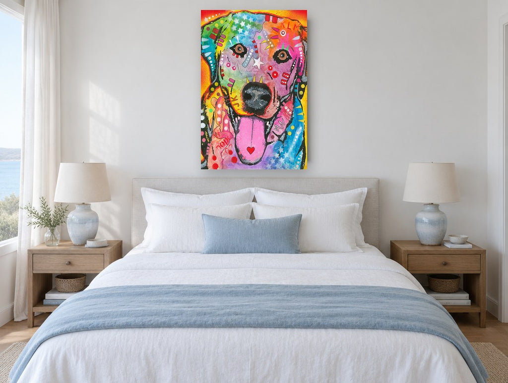 Rainbow Pop Labrador animal canvas print on the wall of a bedroom
